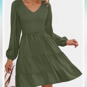 Army green long sleeve high waist ruffled dress